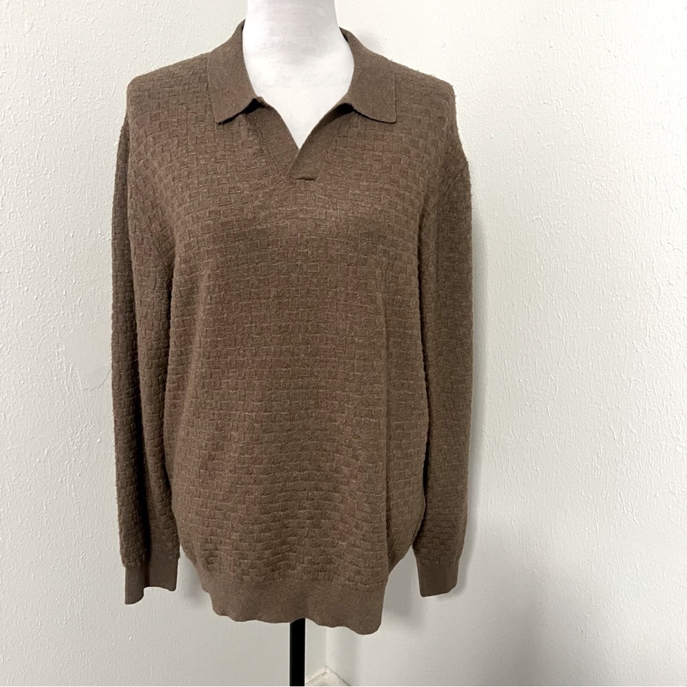 TAHARI Mens Medium Wool Blend V-Neck Collar Sweater Brown Business Casual NWT